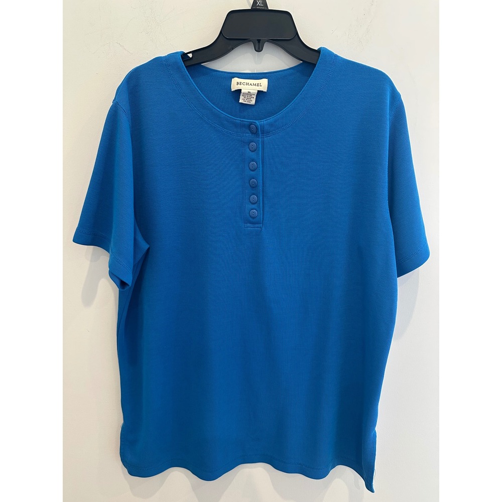 Bechamel Blue Ribbed Henley Top Short Sleeve Button Front XL basic casual